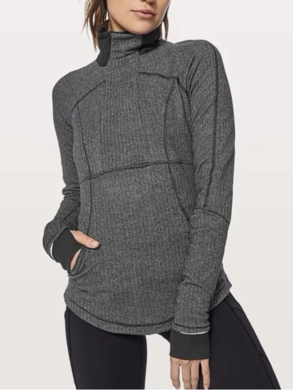 Lululemon Base Runner 1/2 Zip Heathered Herringbone Heathered Black size 8